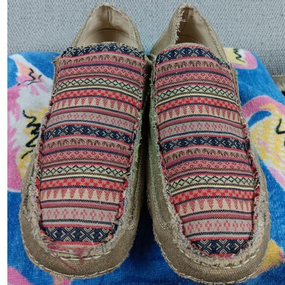 Roper Daisy Driving Moccasins Women's 9.5 Tan Canvas Southwestern Slip On - Picture 2 of 9